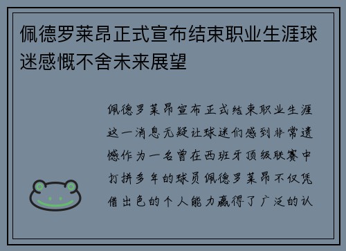 佩德罗莱昂正式宣布结束职业生涯球迷感慨不舍未来展望