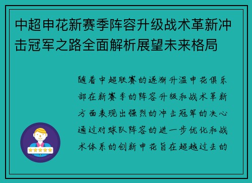 中超申花新赛季阵容升级战术革新冲击冠军之路全面解析展望未来格局
